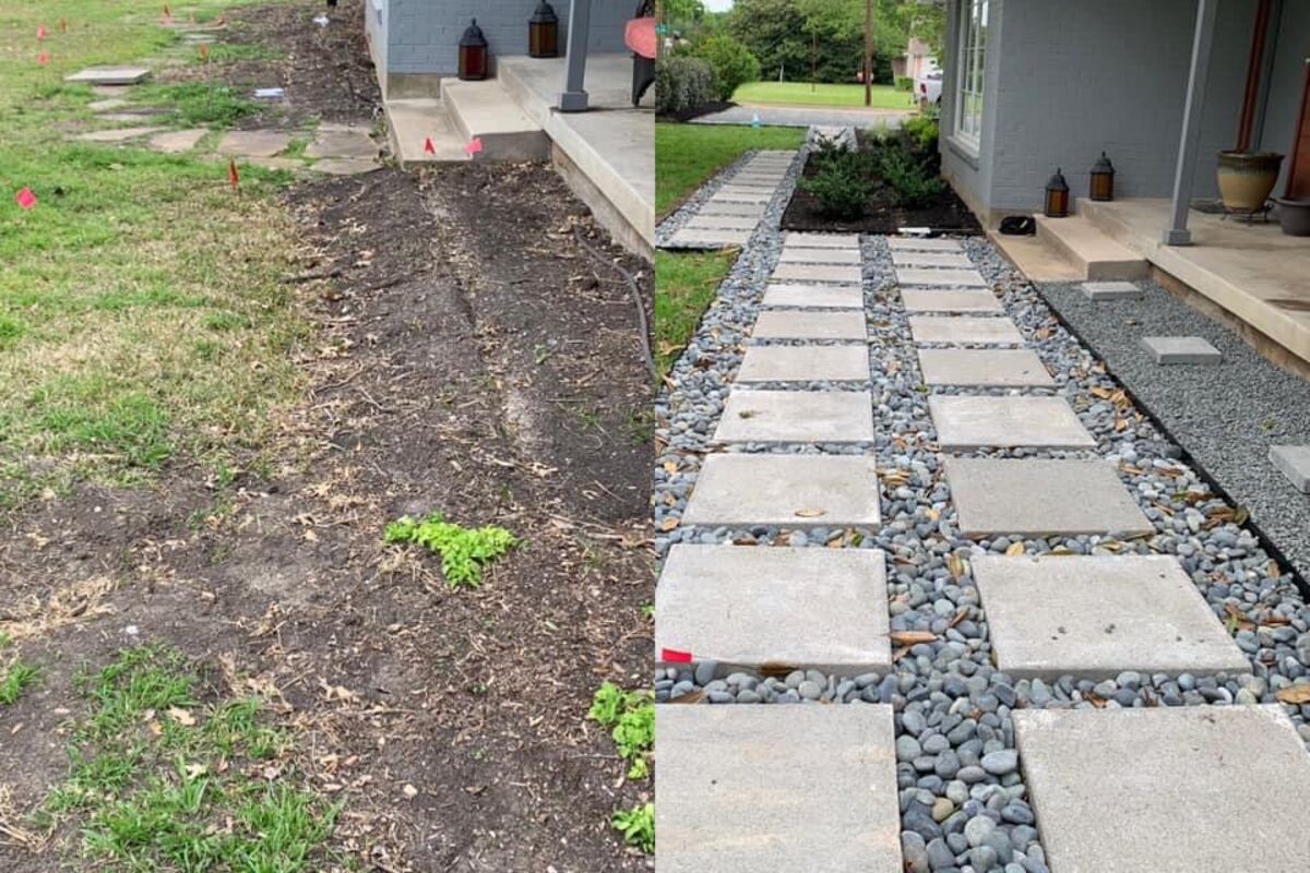 Stone stepping-stone path across a healthy green lawn